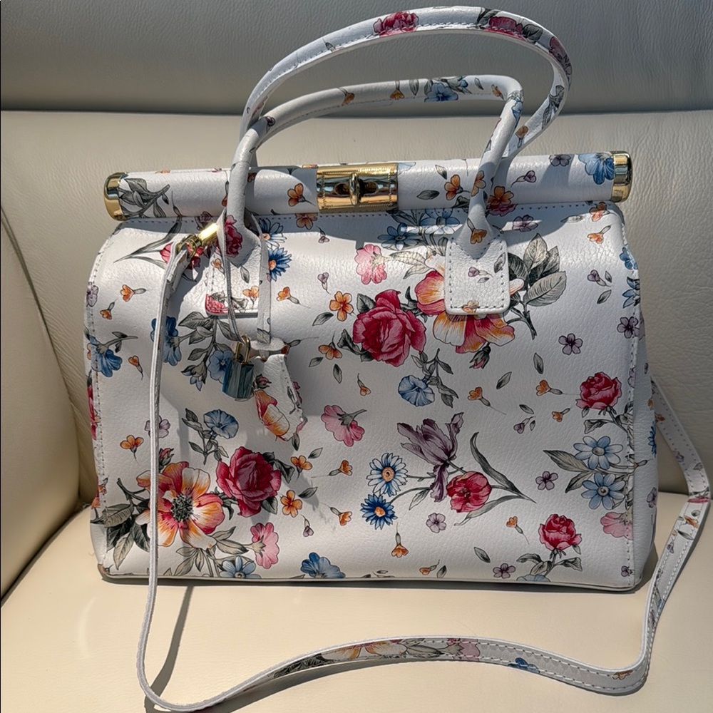 Floral White Satchel with Gold Accents